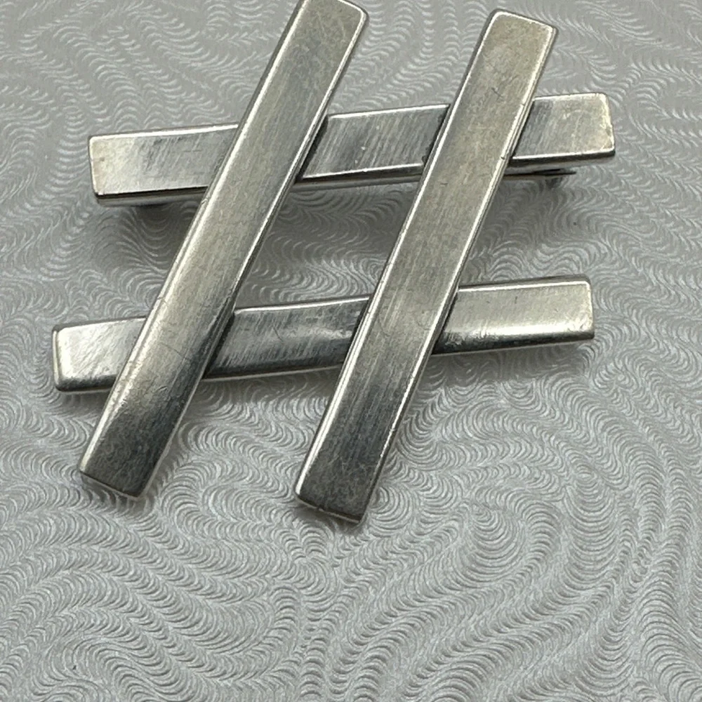 925 Sterling Silver Mexico - Vintage Shiny Smooth Hashtag Symbol Brooch Pin #367